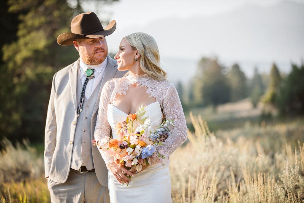Romantic golden hour portrait of newlyweds in Bozeman, Montana.